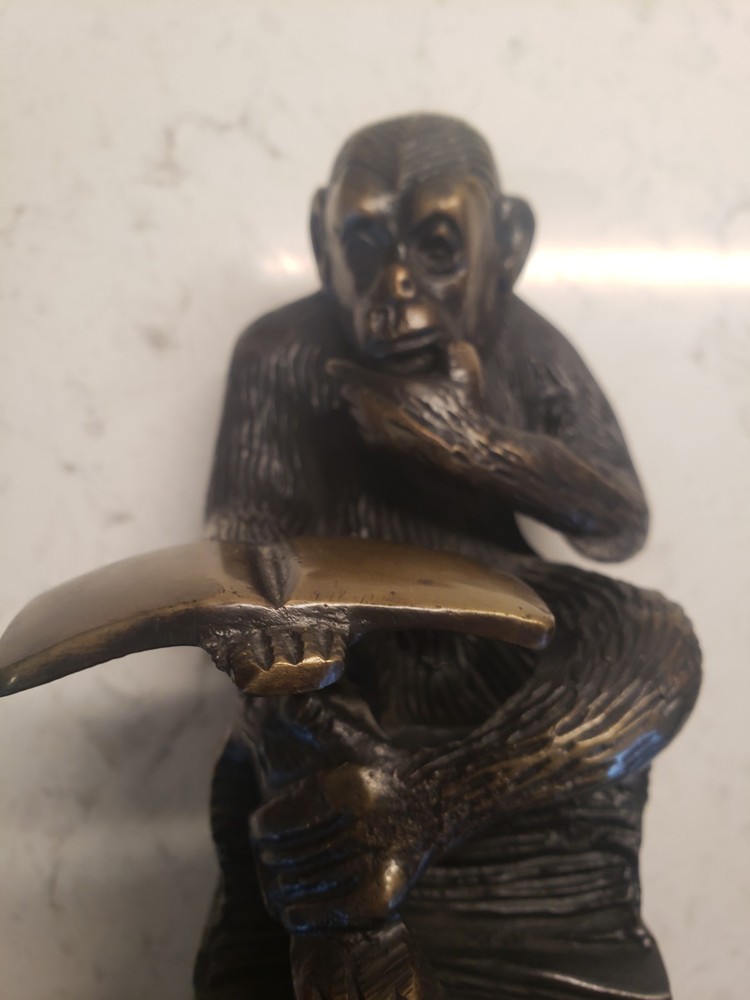 VTG Bronze Bookend Seated Chimpanzee Monkey Reading ..