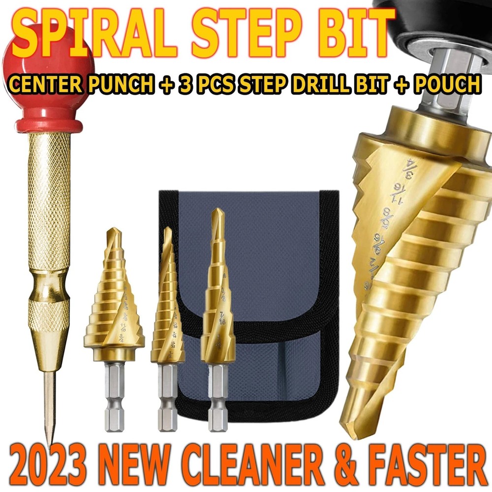 4 Pcs Step Drill Bit Set - Titanium Coated,High Speed Steel Drill Cone Bits
