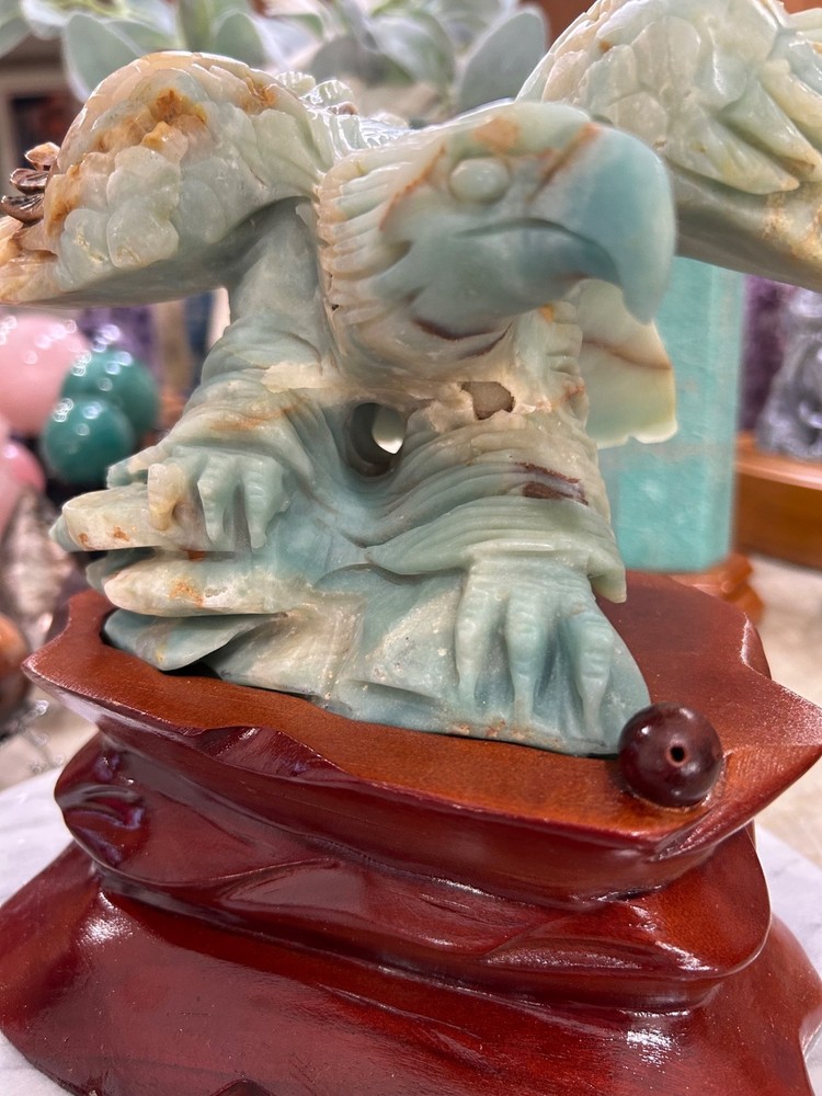 Amazonite Eagle hand carved on custom wood stand