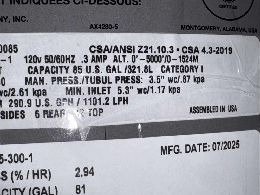 Rheem G85-300-1 300k BTU Commercial Gas Water Heater 85 Gallon