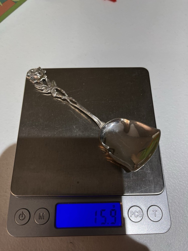 Vintage .800 Silver Sugar Spoon Rose Pattern Marked .800