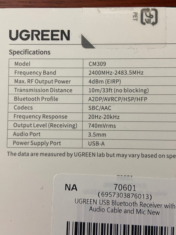 UGREEN Bluetooth Audio Receiver CM309 Car AUX Adapter Powers On Untested USB 3.5