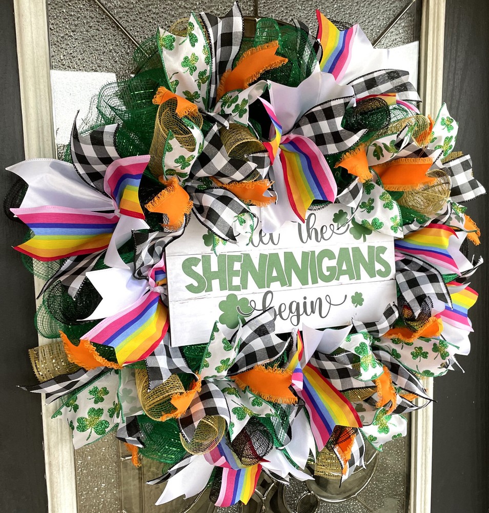 Rainbow Clover LetShenanigans Begin St. Patricks Day Deco Mesh Front Door Wreath