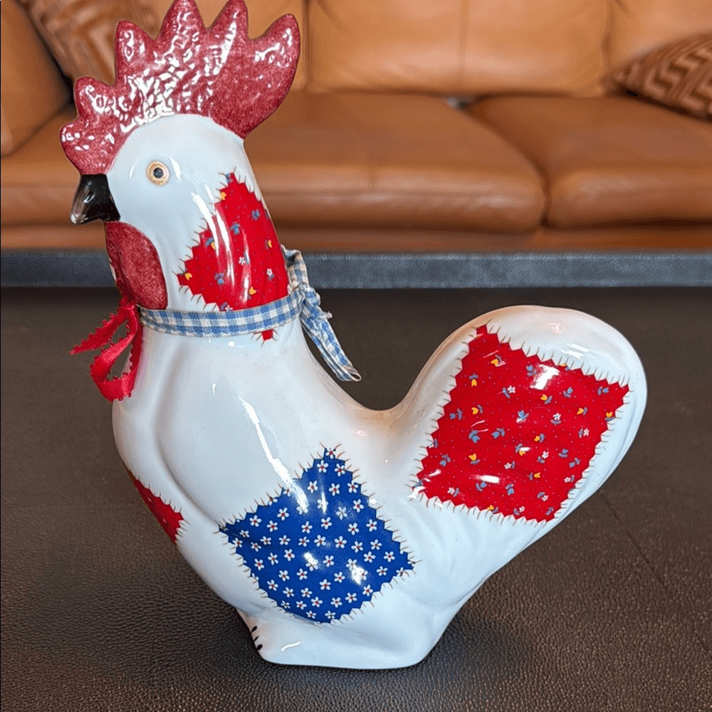 Patchwork Rooster Figurine - Red, Blue, and White Ceramic