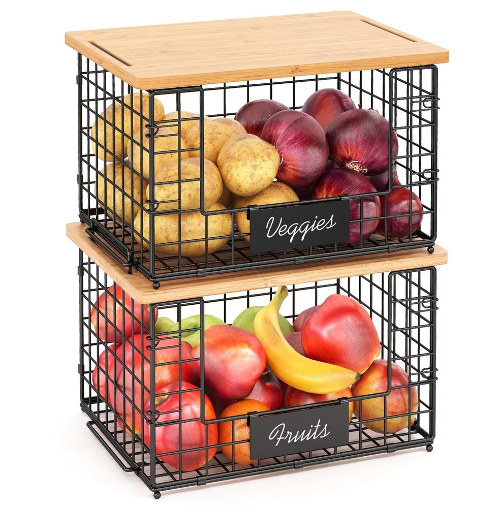 2 Pack Stackable Wire Baskets with Top for Pantry Organizers and Storage, XXL...