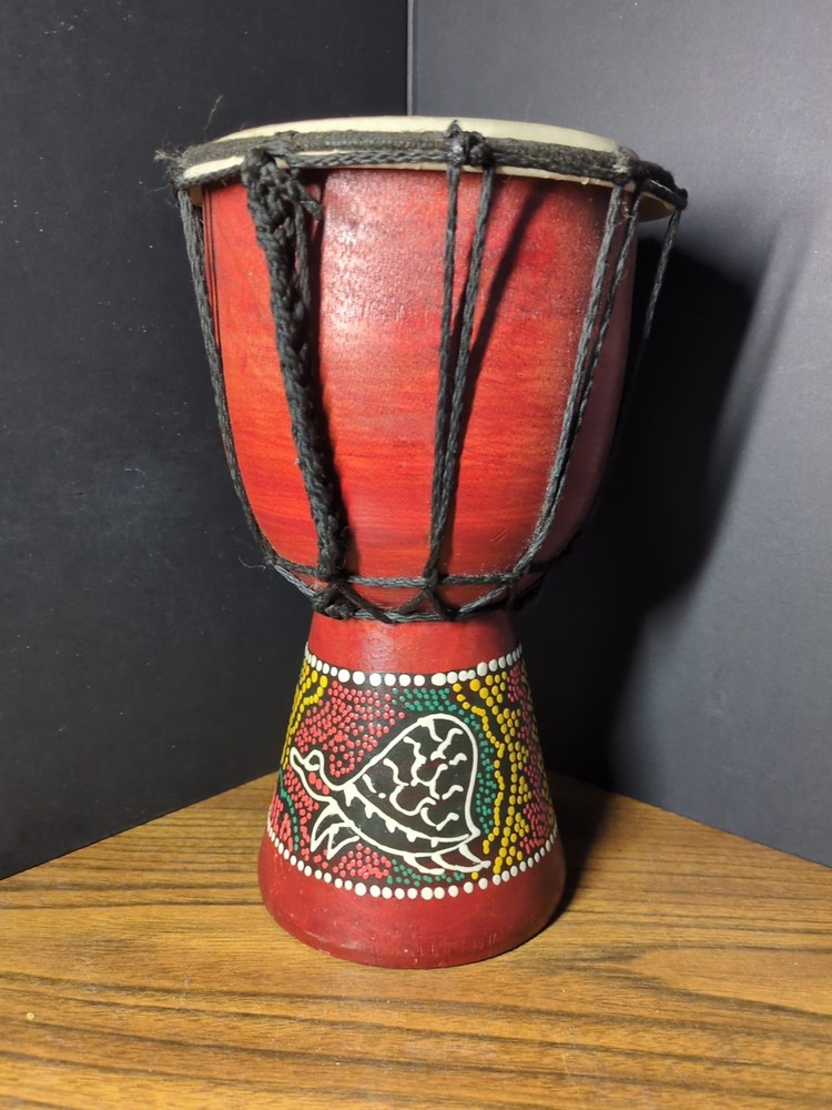 10" Djembe Drum Hand Painted Multicolored Dot Aborigine With Turtle Pattern