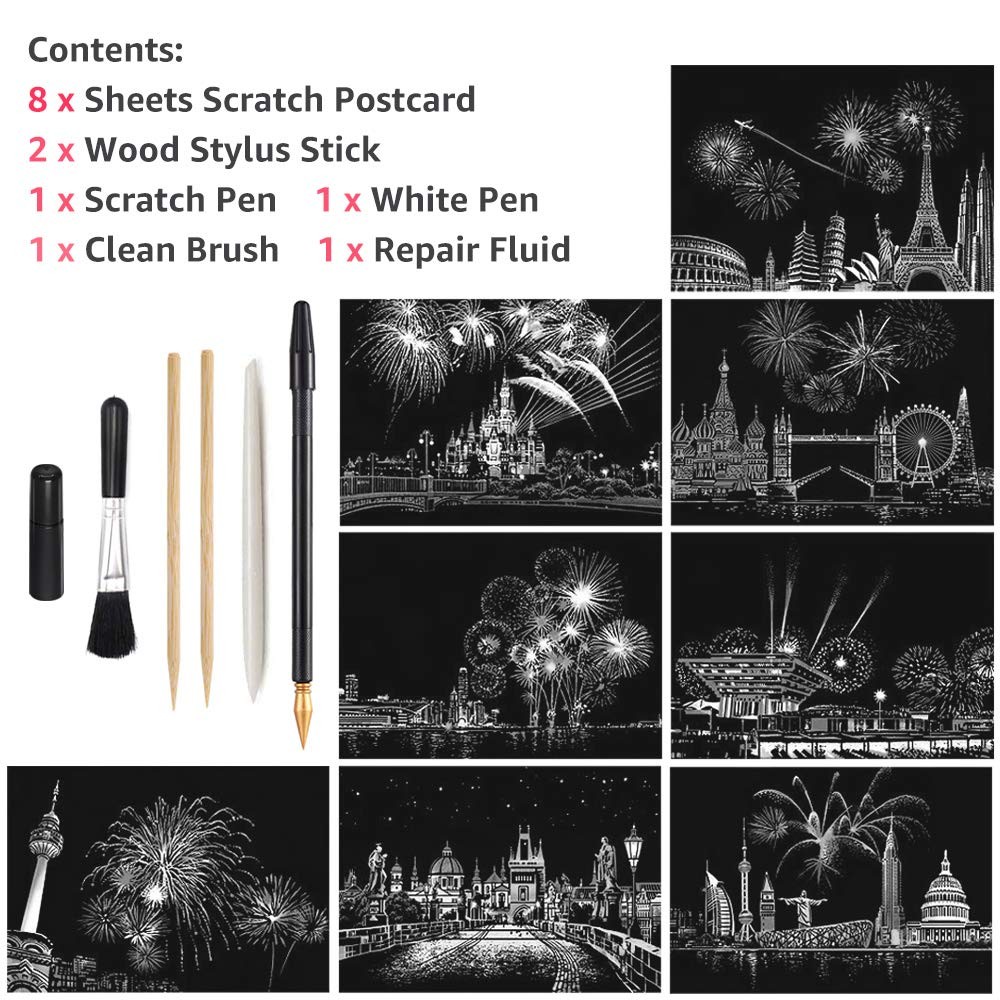 Scratch Art Paper, Rainbow Night View Scratchboard Medium, Fireworks/Building