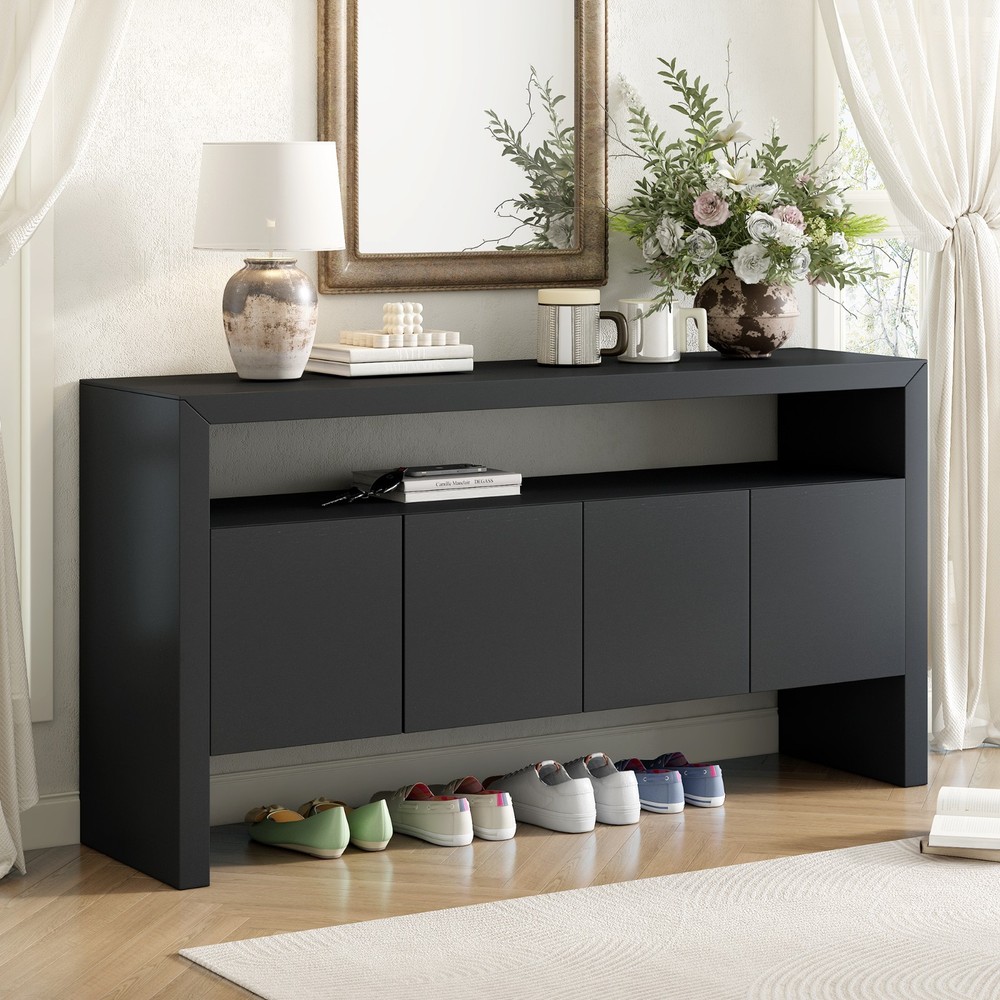 60" Modern Minimalist Solid Wood Veneer Sideboard (4 Doors+Open Shelf, Natural