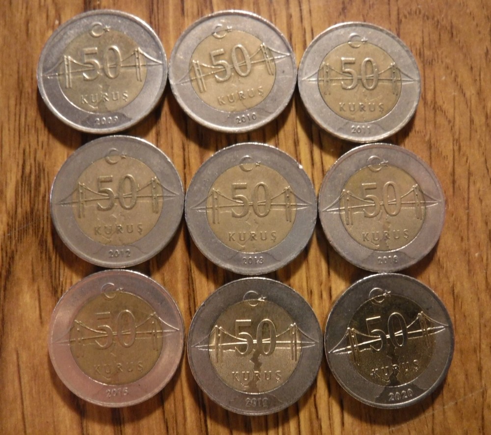 TURKEY 50 KURUS 9 DIFFERENT DATES (T567)