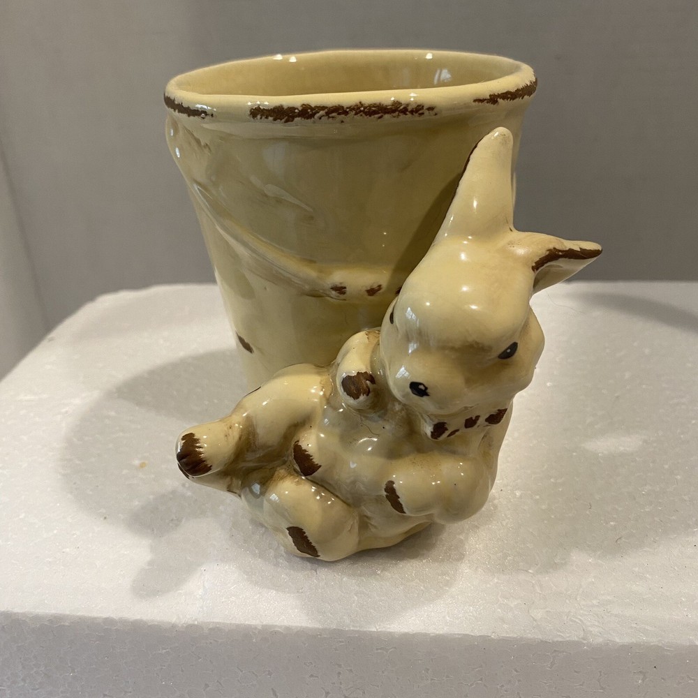 Rustic Yellow Bunny Rabbit on Pail Ceramic Small Planter