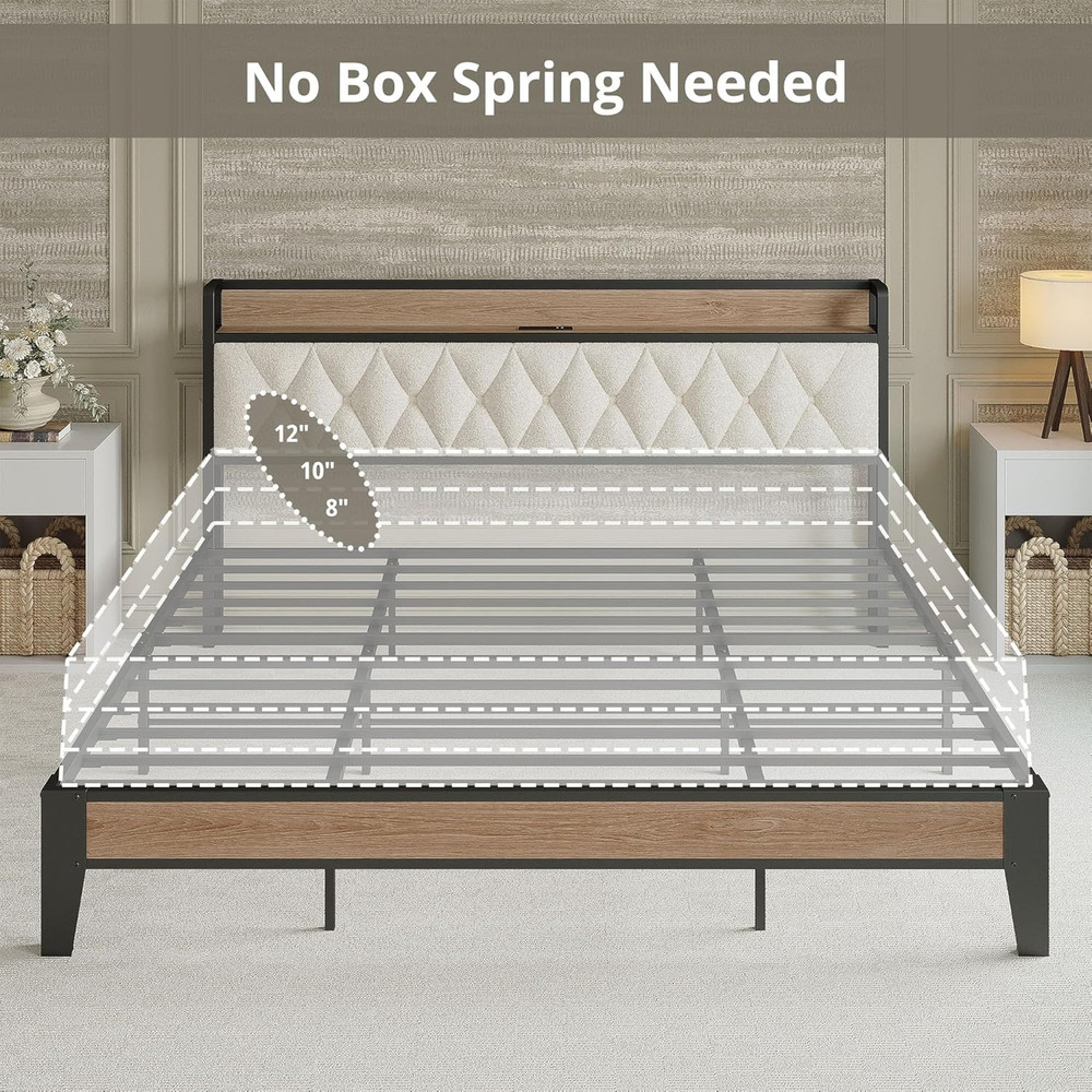 King Bed Frame, Storage Headboard with Charging Station, Platform Bed Frame with