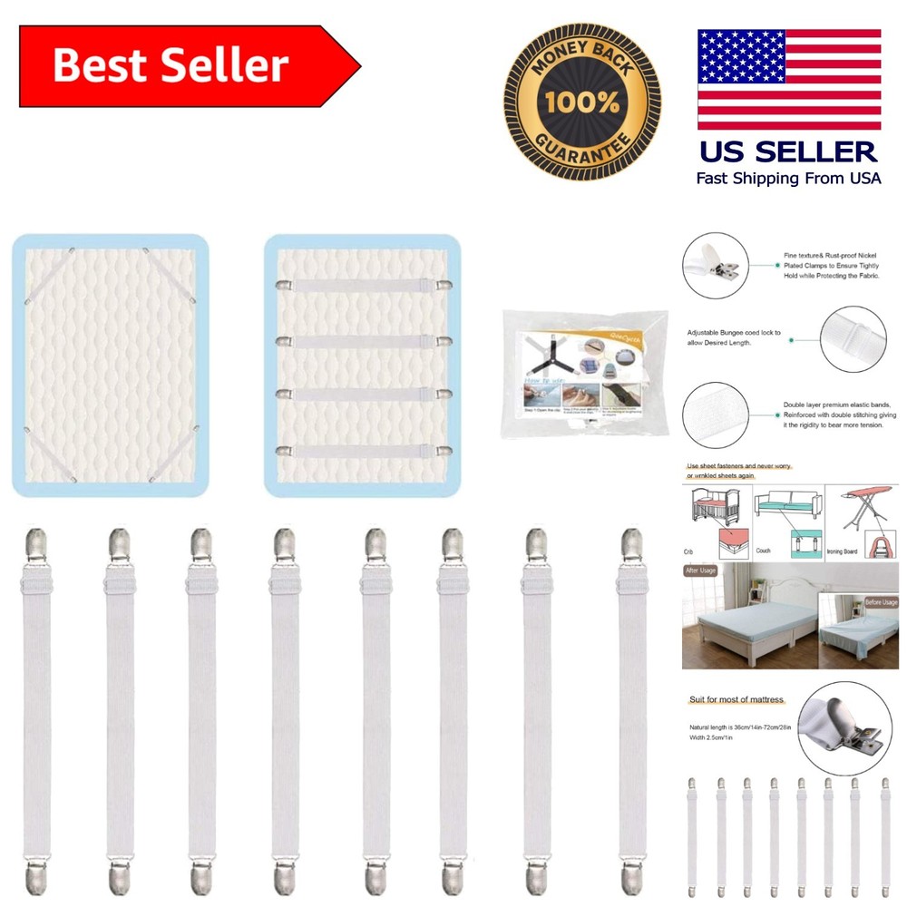 Multipurpose Elastic Mattress Sheet Clips - 8 Adjustable Fasteners in White