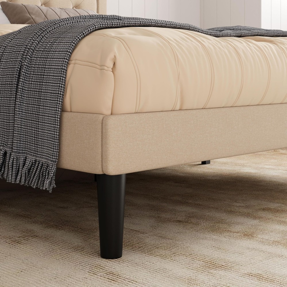 Queen Size Button Tufted/Fabric Upholstered Bed Frame with Adjustable Headboa...