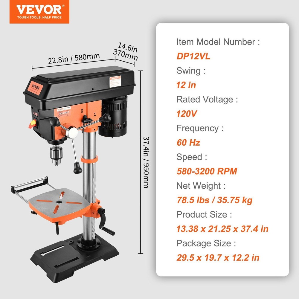 12" Cast IronBenchtop Drill Press 5Amp 120V Variable Speed w/ Laser Work Light