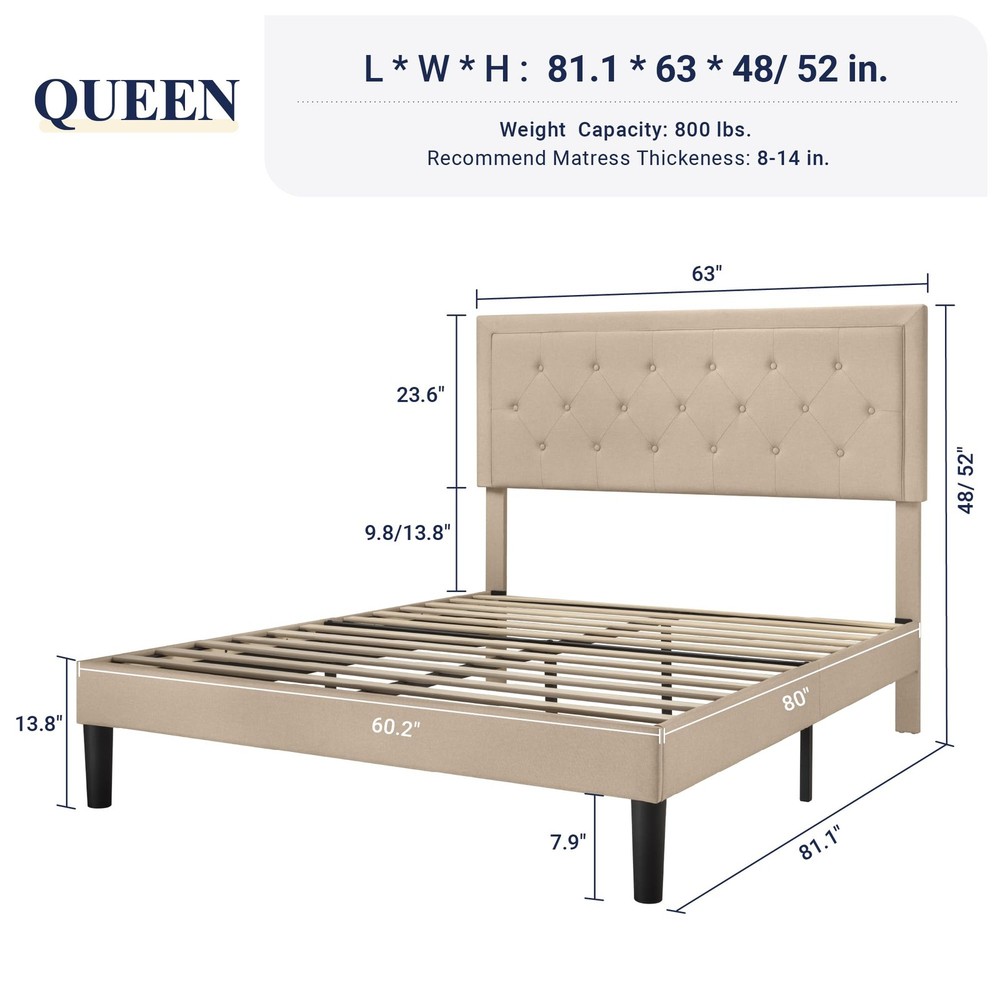 Queen Size Button Tufted/Fabric Upholstered Bed Frame with Adjustable Headboa...