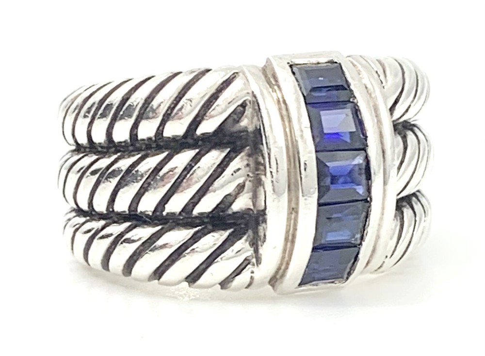 Mens Large Triple Stack Cable Sterling Silver Sapphire Ring Sz 12.5