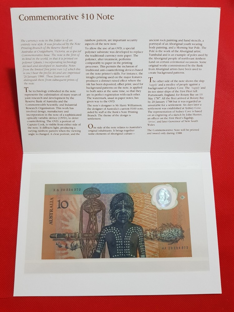 1988  $10 CONS FRASER/JOHNSTON FIRST POLYMER NOTE FOLDER AA 20 254 372