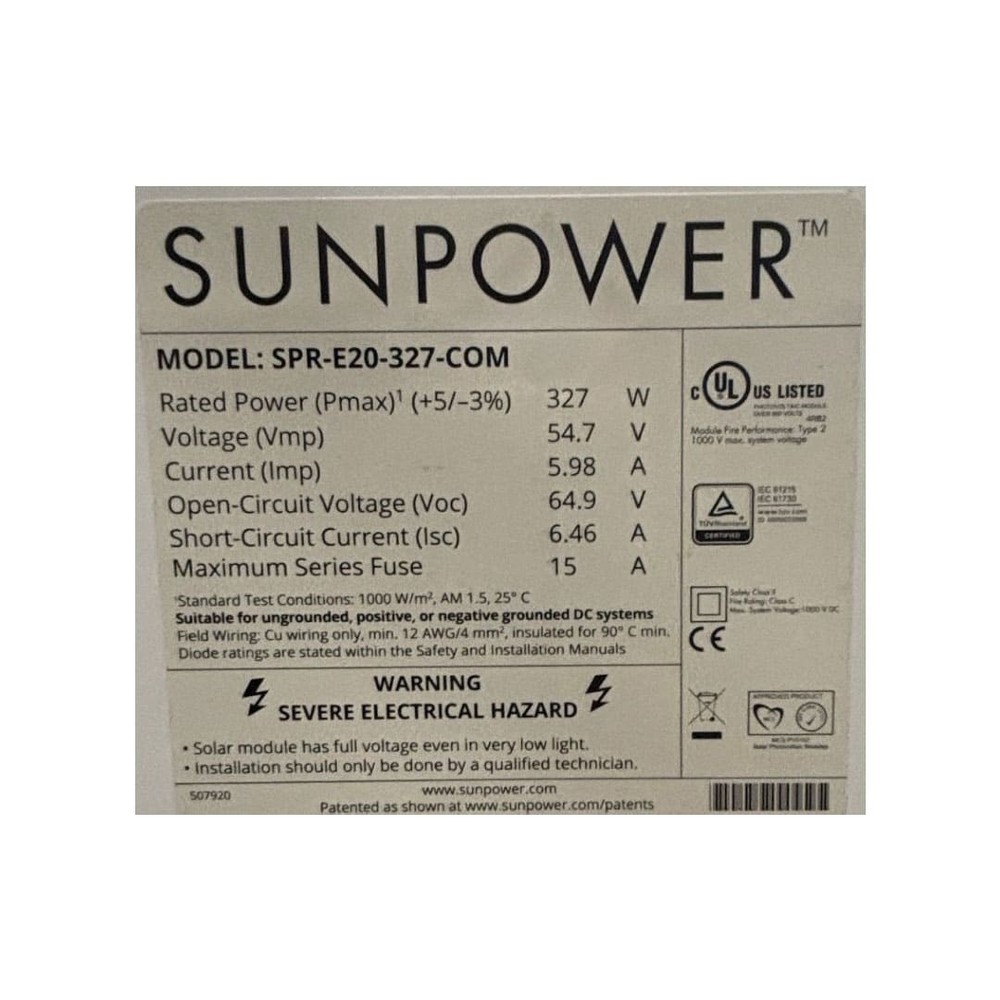 Used SunPower 327W Solar Panel Silver Frame