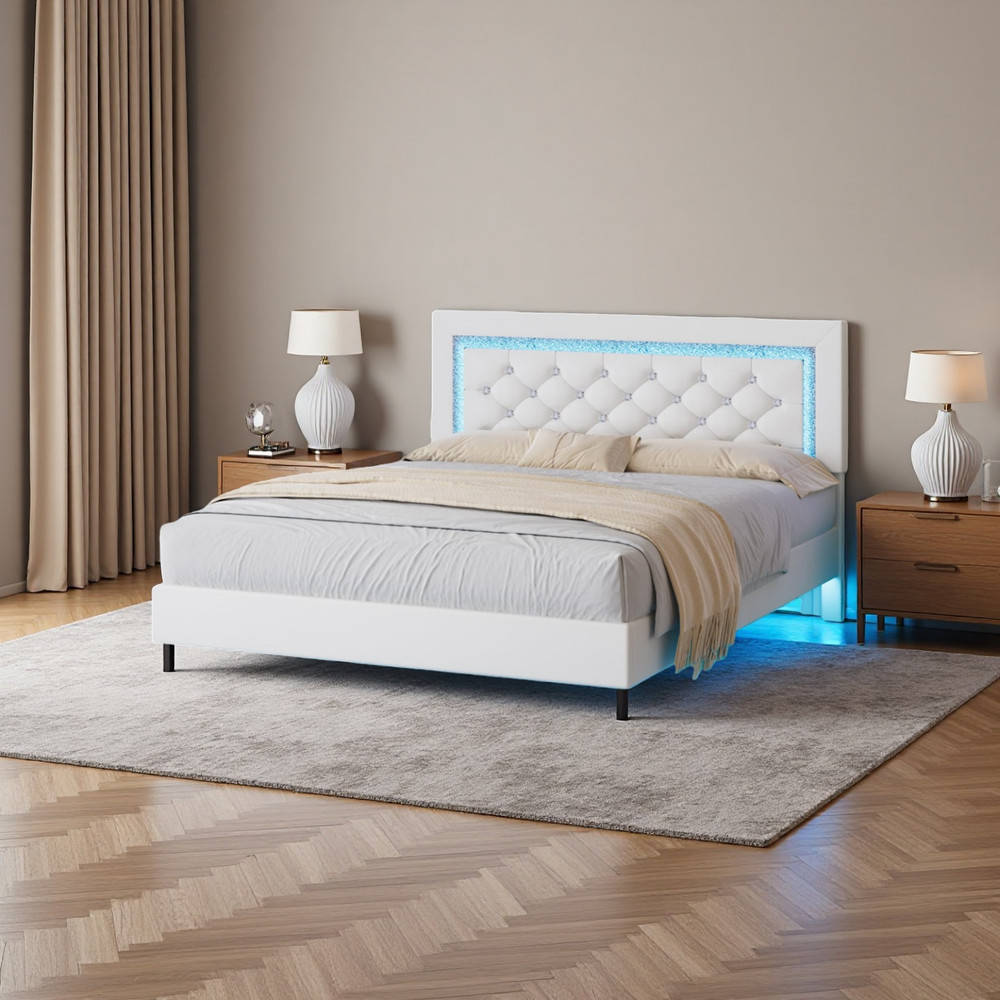LED Floating Bed Frame Full Size Platform Bed w/ PU Upholstered Headboard Beige