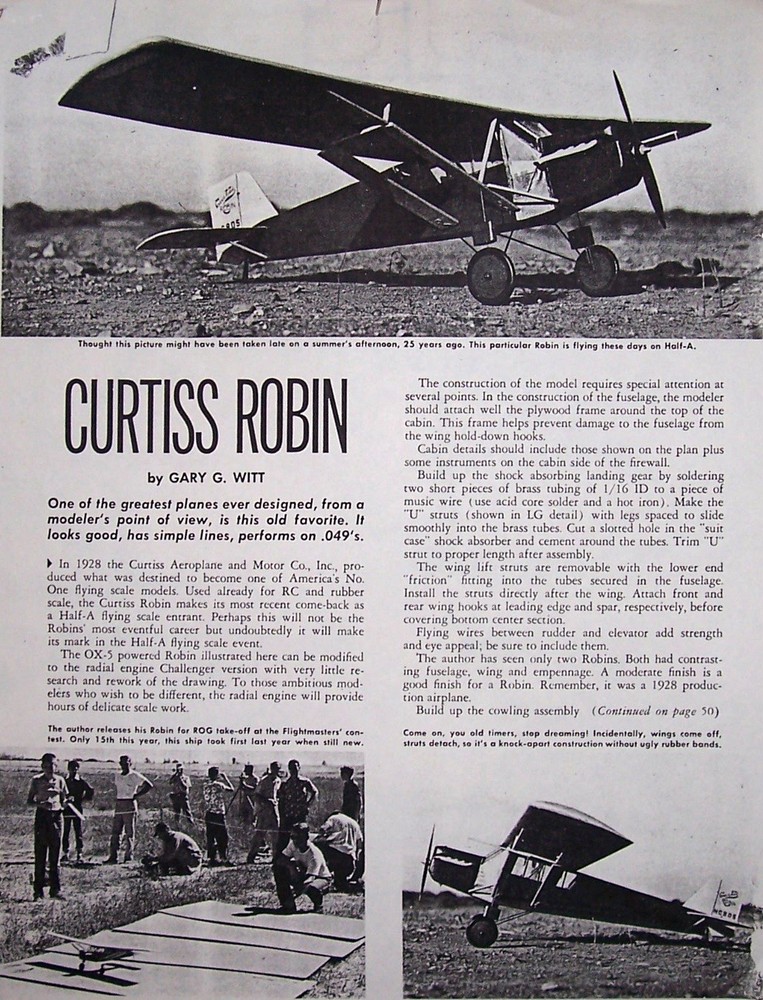 Comet CURTISS ROBIN PLAN + PATTERNS to Build a 48" Span FF or RC Model Airplane