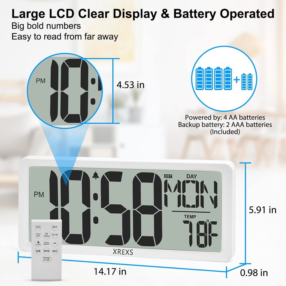 XREXS Digital Wall Clock with Backlight (Not Constantly Illuminated), 14.17 I...