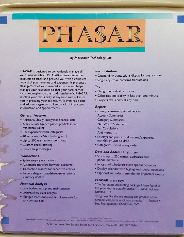 Phasar Pha$ar v3.0 Professional Home Accounting & Register ©1987 Commodore Amiga