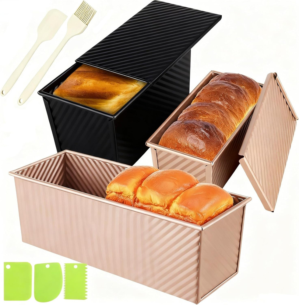 3 Pack Set Pullman Loaf Pan with Lids, 2.2 Lb & 1 Lb & 0.8 Lb Dough Capacity,Non