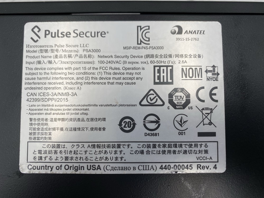 Pulse Secure PSA3000 MSIP REM P4S Security Appliance Firewall