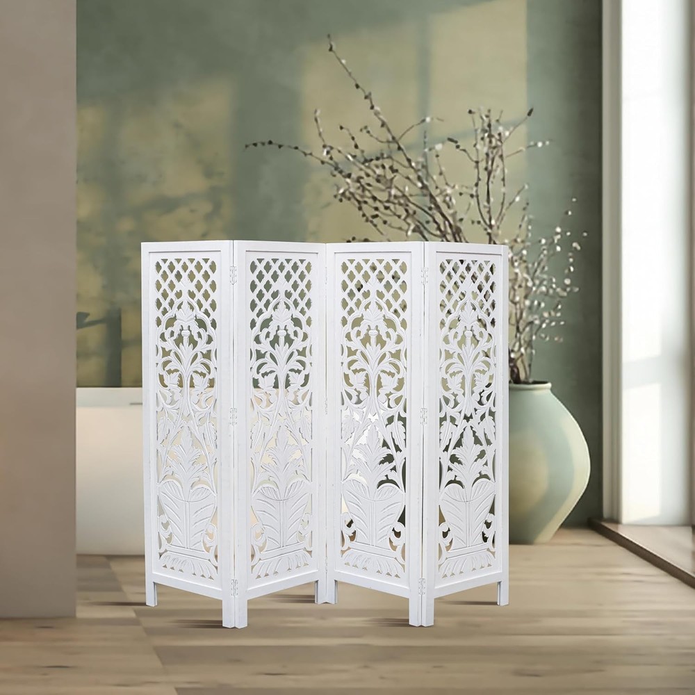 Room Divider Wood Screen Panel – White 4-Panel Folding 64"x54" Hand-Carved