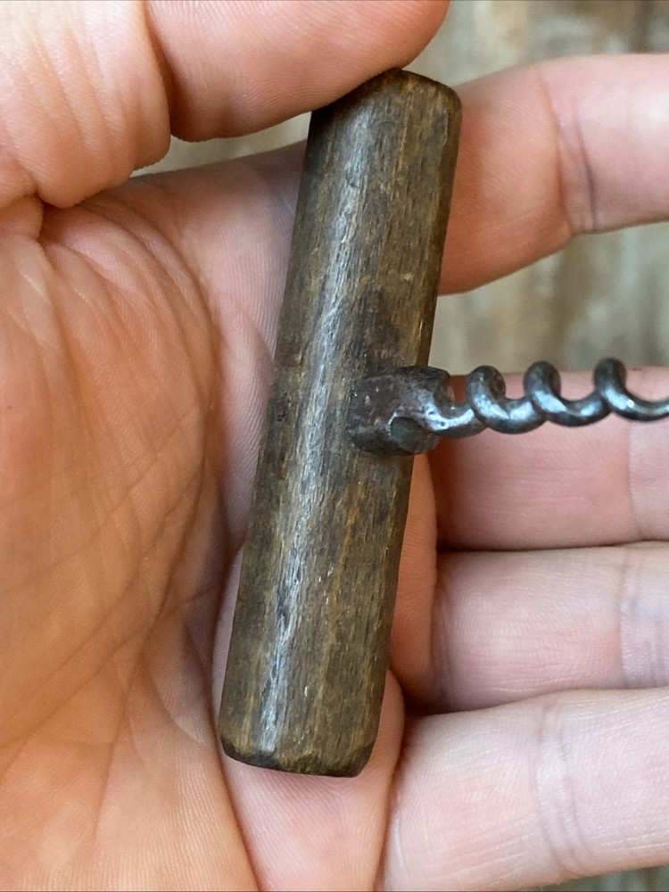 Small 19th Century Primitive Wooden Handle Direct Pull Corkscrew Antique 1800s