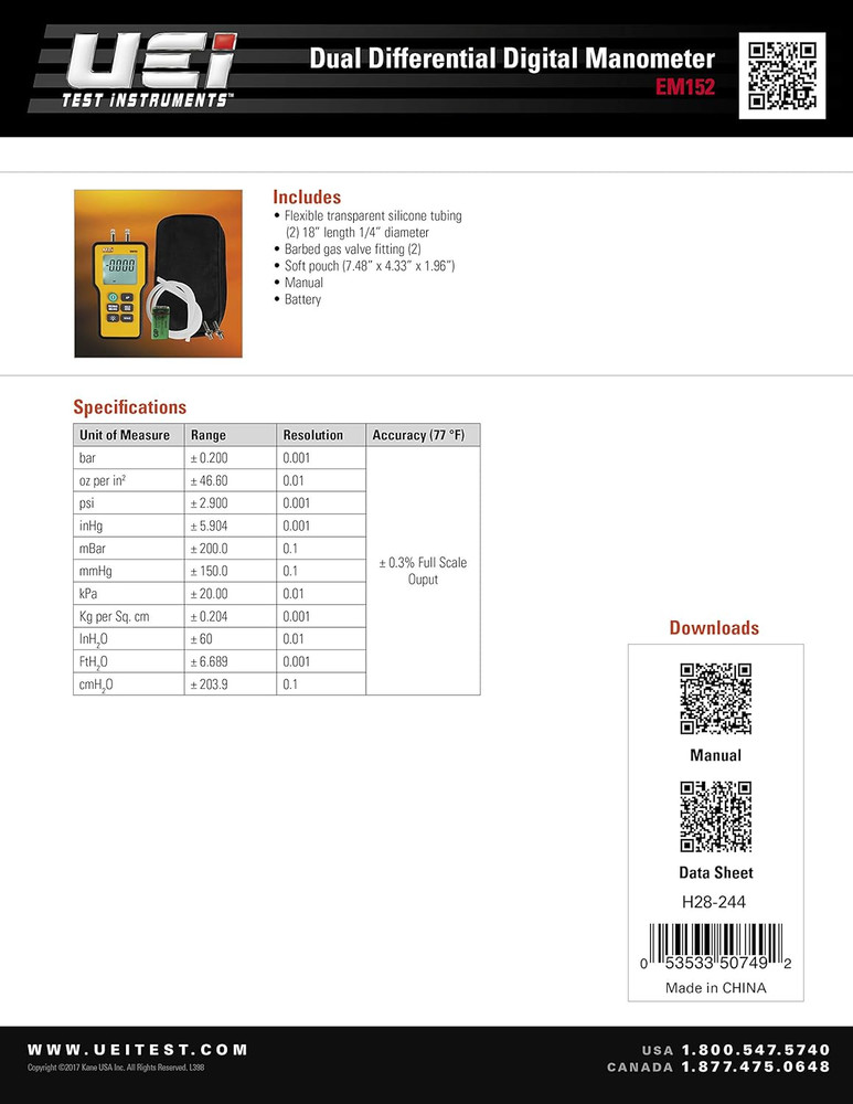 EM152 Dual Differential Digital Manometer