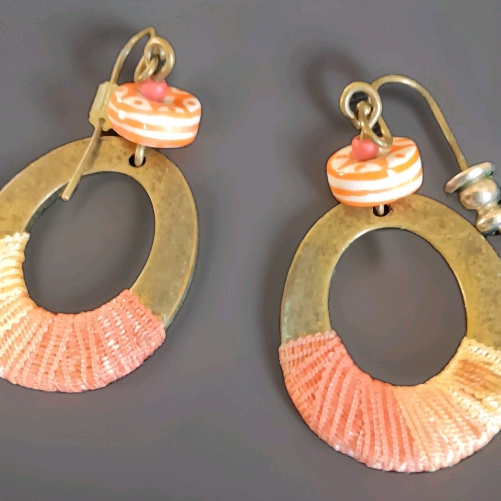Mixed Media Stamped Patern With Thread Dangle Earrings