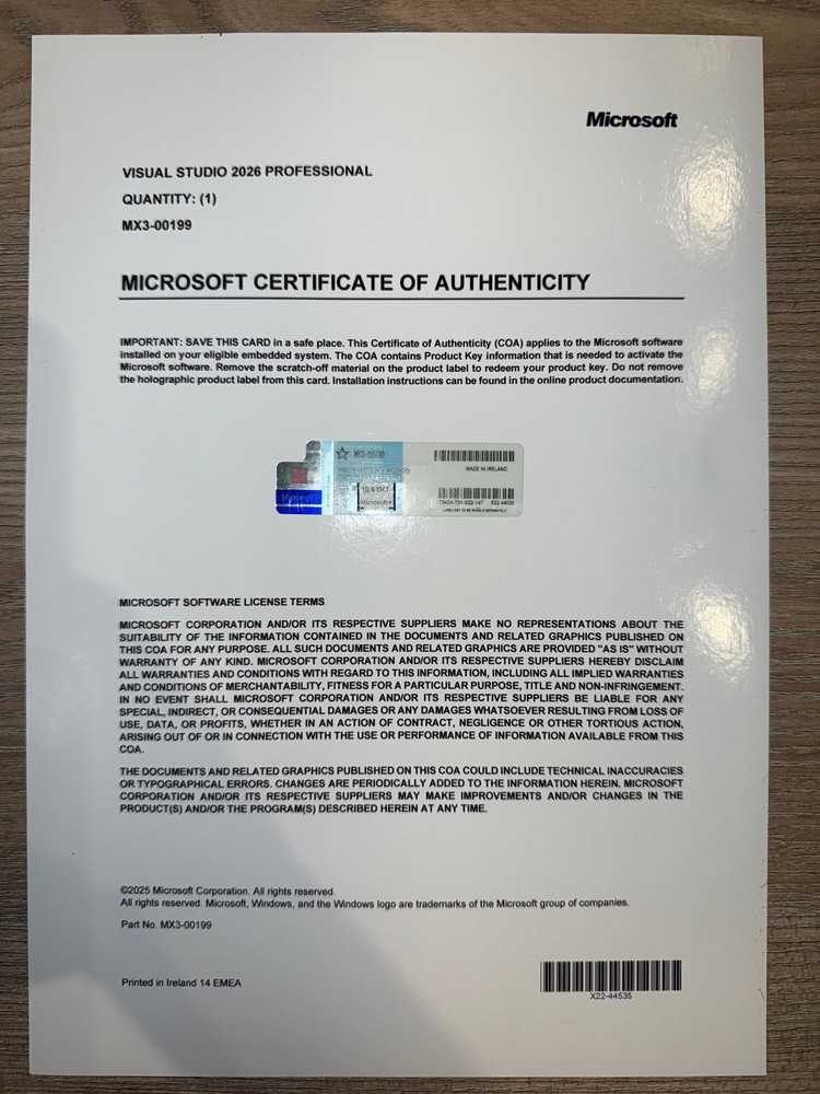 Visual Studio 2026 Professional Perpetual Authentic License CoA MX3-00199