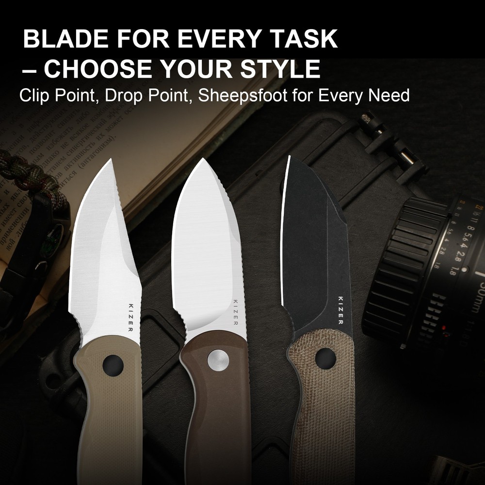 Kizer Drop Bear Fix Drop Point Fixed Knife 14C28N Blade Micarta Handle + Sheath