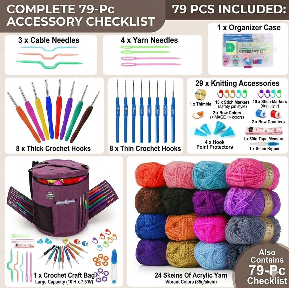 Complete Beginner Crochet Kit with Yarn Hooks Accessories & Storage Bag