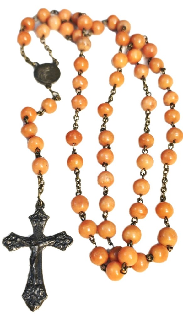 Antique French Rosary Real Angel Skin Coral Beads Silver Catholic Crucifix 22"