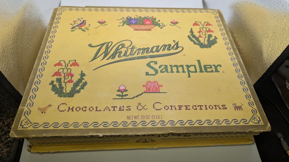 Vintage Whitman's Chocolates Sampler Empty Box Cross Stitch w Inserts 9"x11"x2"