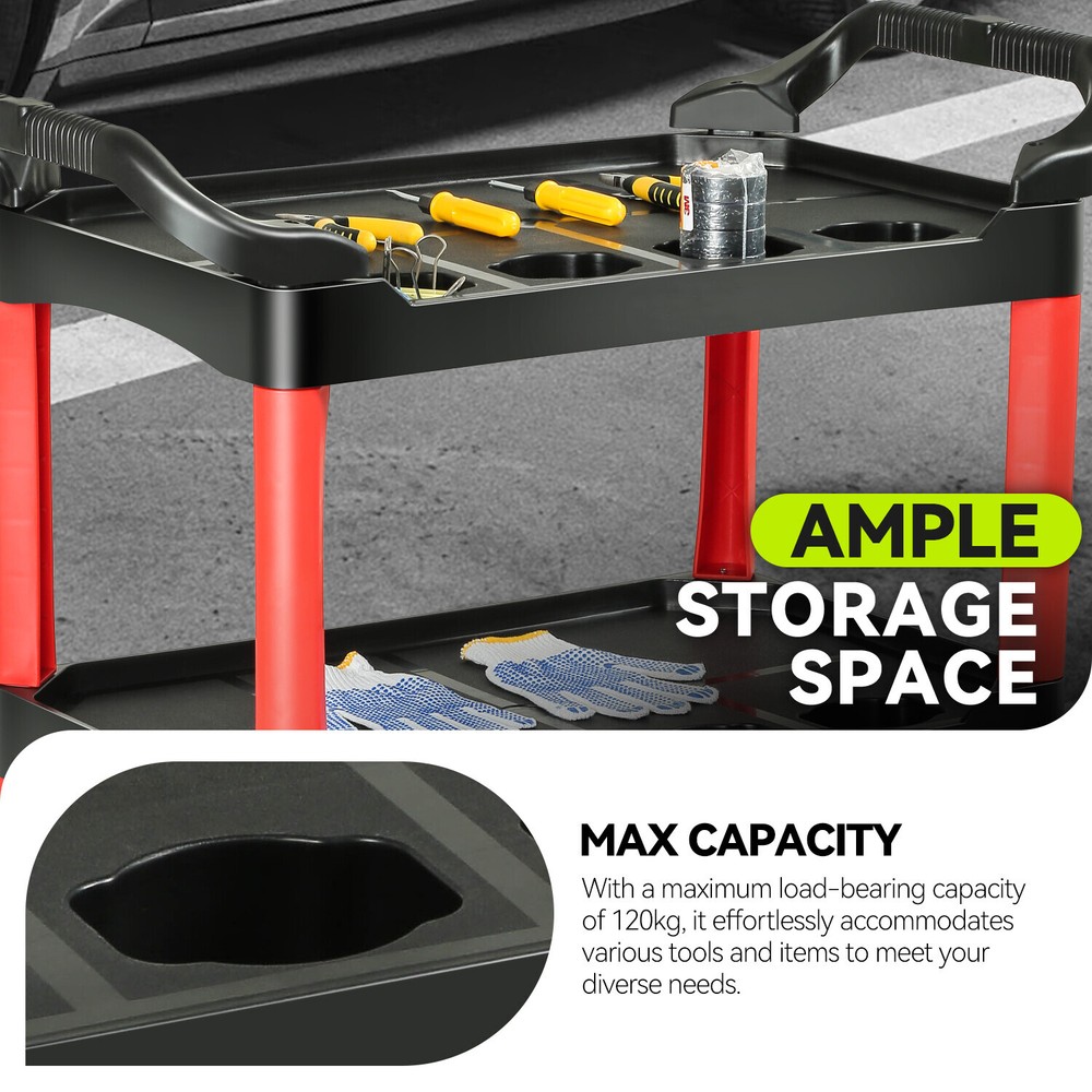 3 Level Composite Workshop Tools Trolley+Casters for Warehouse Garage Office Red