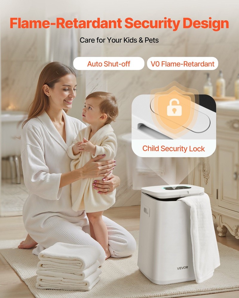 20L Heated Towel Warmer with LED Timer & Temp Control, 4 Hooks, White