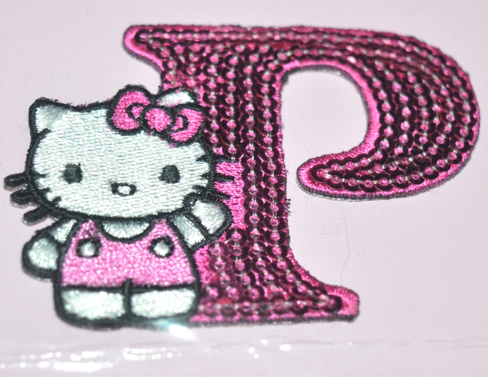 PINK KITTY ALPHABET LETTER "P" IRON-ON SEQUIN PATCH