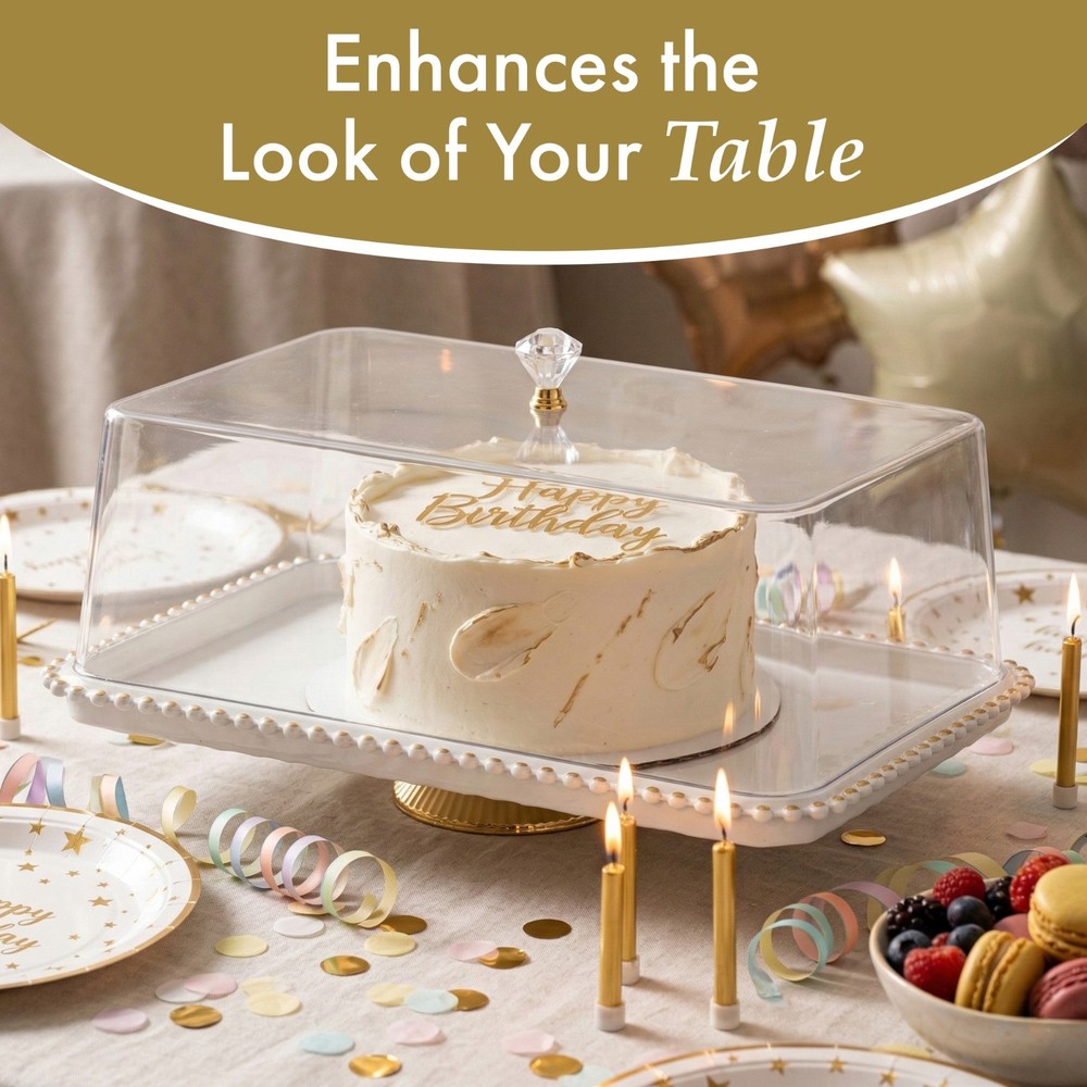 New Basicwise Plastic Cake Stand with Clear Flat-Top Cover and Gold Handles