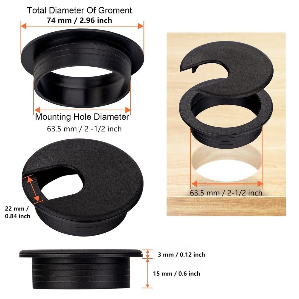 10 Pack Round Plastic Desk Grommets, Black Wire Organizer Caps, PC Computer P...