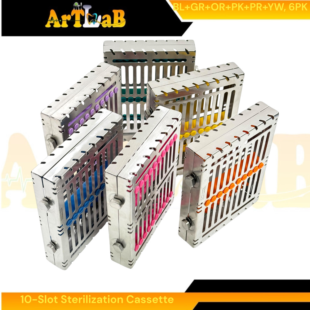 6 Count - Sterilization Cassettes for 10 Instruments, Detachable, 2-Button Lock