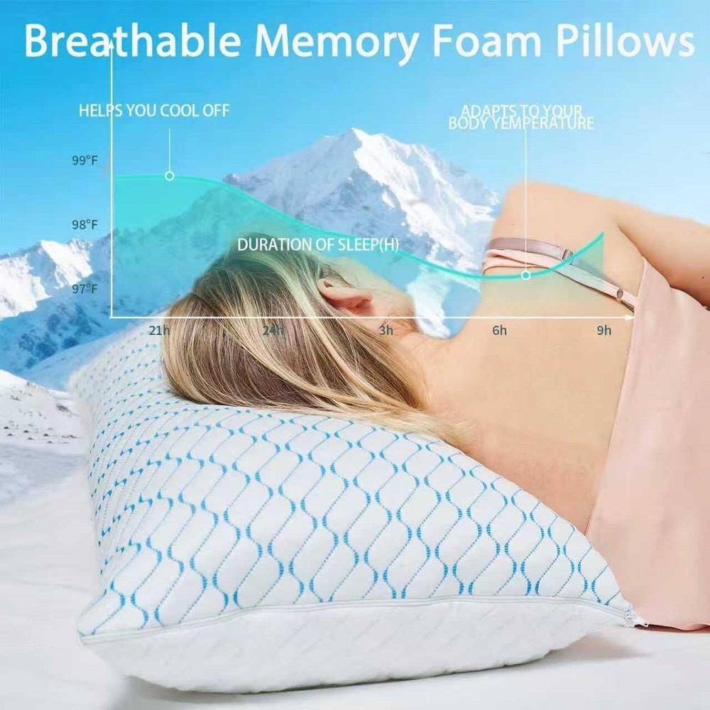 Memory Foam Pillows Queen Size Set of 2, Adjustable Cooling Pillow for Side B...