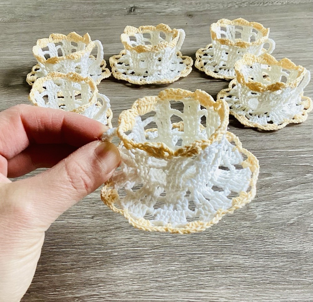 Set Of 6 Crochet Mini Tea Cup Saucer Table Setting Decor Easter Spring Egg Candy