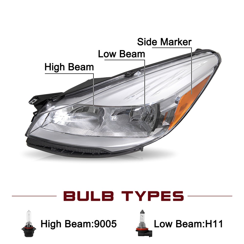 For 2013-2016 Ford Escape Halogen Chrome Left Driver Side Headlight Assembly