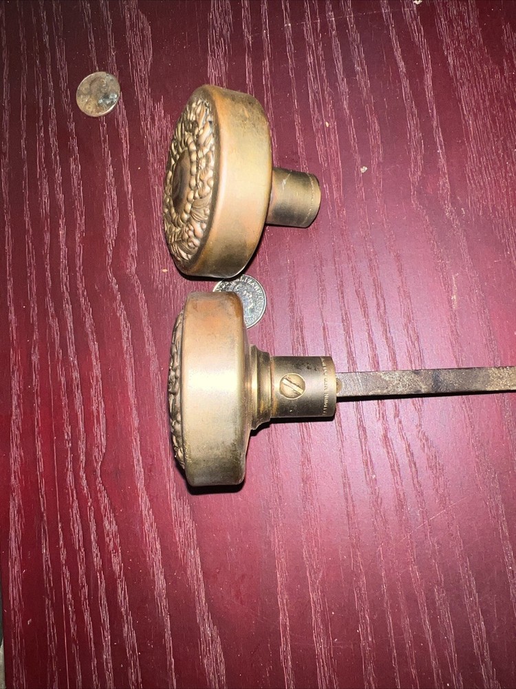 Lot of 2 Antique RUSSEL & ERWIN Solid BRASS Victorian Floral Pattern DOOR KNOBS