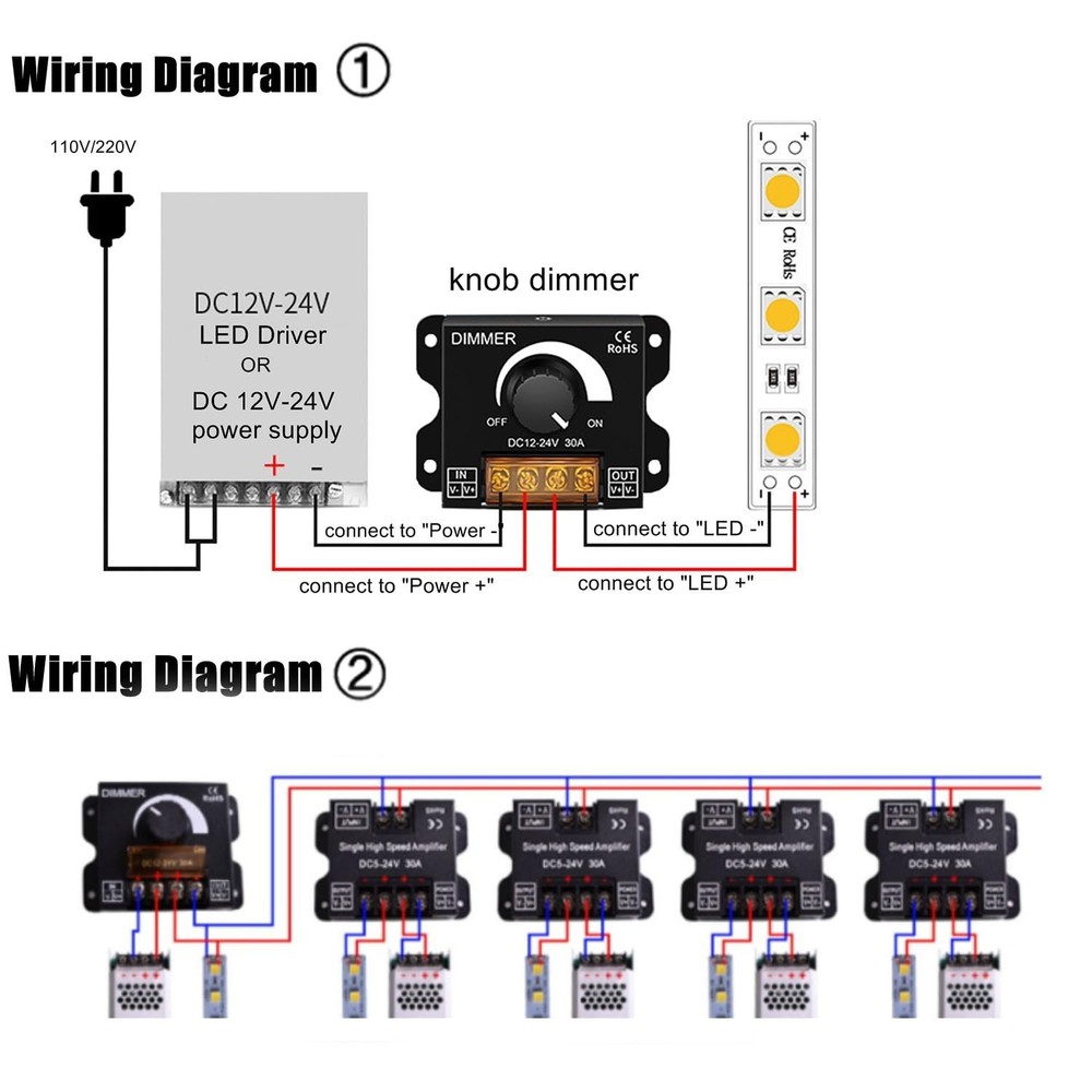 2Pack LED Dimmer Switch DC 12-24V 30A PWM Stepless Brightness Dimming Controller
