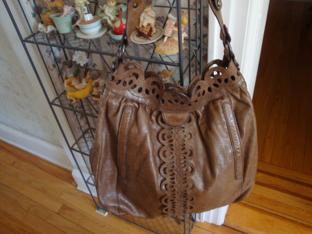 FAB LOCKHEART MOO1964 SOLID BROWN TOOLED LEATHER SHOULDER TOP HANDLE SATCHEL