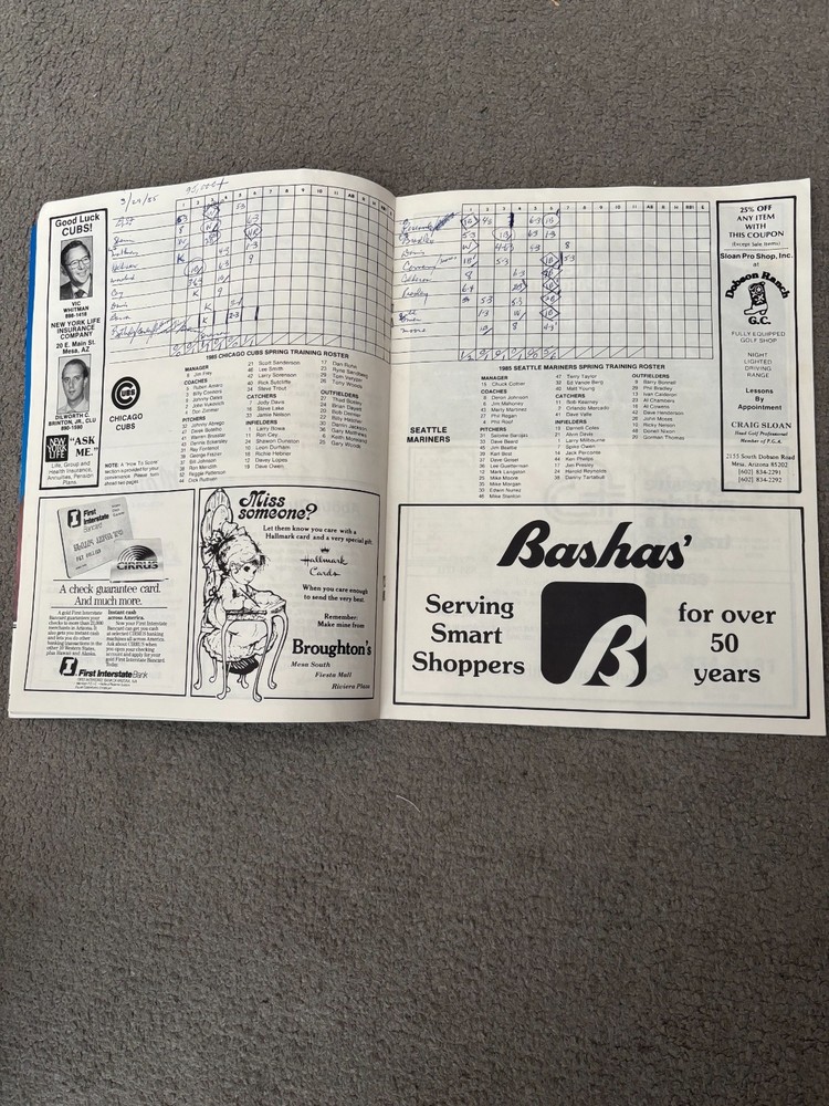 1985 Chicago Cubs spring training program vs Seattle-scored, autographed Hubbell